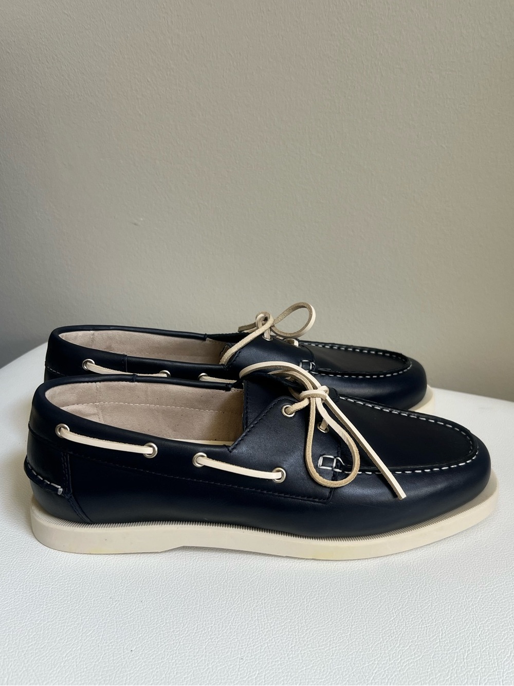 ZARA Men’s Navy Leather Boat Shoes with Cream Laces Size 12 (45) NEW!!